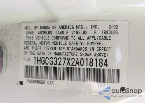 2002 Honda Accord z USA, uszkodzony, nr VIN 1HGCG327X22A01818
